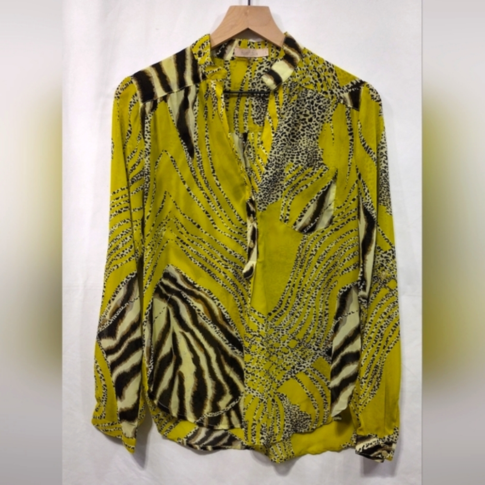 Fun 2 Fun Mixed Animal Print Blouse Women's L Yellow Boho Retro 90s Y2K Beach